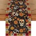 Runner da tavola messicano Giorno dei Morti con teschi e fiori stampati su lino - 33x120cm / Stile 2