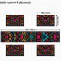 Mexican folk art floral table runner and 4 placemats set for festive dining table decor - Style 6 (Black Colorful Floral) / 5 Pieces Set (1 Runner + 4 Mats)