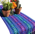 Hand-woven Mexican table runner with colorful ethnic stripe patterns and fringe tassels. - 35*215+10*2 Tassel / Sapphire Blue