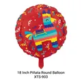 Detailed view of an 18-inch red foil balloon with colorful Piñata donkey print - Round Red Piñata Pony
