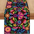 Mexican Fiesta floral table runner for Day of the Dead colorful linen party decor - Solid Black Background Vivid Symmetrical Floral Style (Style 56) / 183x33cm