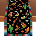 Mexican Fiesta table runner with colorful cactus and guitar patterns on linen - Black Background Cactus Guitar Fiesta Illustration Style (Style 28) / 183x33cm