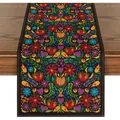 Mexican Day of the Dead table runner with vibrant floral patterns on dark wood table. - Otomi Art Style (Style 11) / 33*183cm