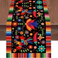 Mexican fiesta linen table runner featuring vibrant colorful bird and floral patterns - Black Background Parrot Floral Chili & Color Stripe Style (Style 45) / 183x33cm