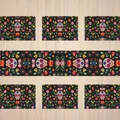 Mexican sugar skull table runner and placemat set with floral pattern on black fabric - Style 13 (Day of the Dead Skull Floral) / 5 Pieces Set (1 Runner + 4 Mats)