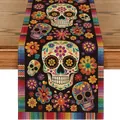 Chemin de table en lin avec têtes de mort et fleurs pour la fête des morts mexicaine - Style 7