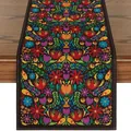Vibrant Mexican Day of the Dead linen table runner featuring colorful floral folk patterns - 183x33cm / Black Symmetrical Otomi (Style 18)