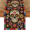 Vibrant Mexican Day of the Dead table runner featuring colorful sugar skull and floral prints. - Black Base Rainbow Border Multi-Skull Style (27)