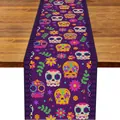 Macro view of purple linen table runner with colorful sugar skull and floral print. - Purple Lace Edge Skull Style (19) / 33*183cm
