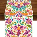 Chemin de table folklorique mexicain avec imprimés fleurs et oiseaux sur tissu en lin naturel - Style 8