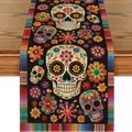Vibrant Día de los Muertos sugar skull table runner with traditional floral patterns - Style 33 / 183x33cm