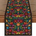 Mexican Day of the Dead floral table runner with colorful folk embroidery pattern - 33x183cm / Black Symmetrical Floral (11)