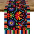 Detalle del camino de mesa mexicano del Día de los Muertos con motivos florales coloridos - 15 / 33*90cm/lino/50g/tira