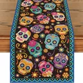 Mexican Day of the Dead table runner featuring vibrant sugar skull and floral patterns. - Style 36 / 183x33cm