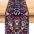 Chemin de table en lin avec motifs de têtes de mort et fleurs du Jour des Morts - Style 12