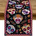 Day of the Dead table runner featuring colorful sugar skull and flower prints - 33x183cm / Black Sugar Skull Floral (12)