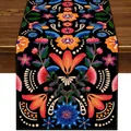 Chemin de table mexicain Jour des Morts en lin avec imprimés floraux Otomi colorés - Style 13