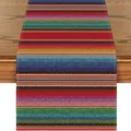 Traditional Mexican Serape table runner with colorful woven stripes on linen - Dark Wood Background Multicolor Horizontal Woven Stripe Style (Style 48) / 183x33cm