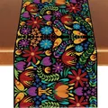 Vibrant Mexican Day of the Dead table runner with colorful floral patterns on black background - Style 39 / 183x33cm