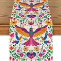 Chemin de table mexicain style Otomi avec imprimés fleurs et oiseaux colorés en lin. - Style 14