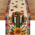 Linen Mexican carnival table runner featuring vibrant cactus and sunflower floral prints - Beige Background Cactus Sombrero & Floral Style (Style 8) / 183x33cm