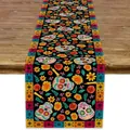 Day of the Dead festive table runner with vibrant sugar skull and floral patterns - Black Skull Candle Traditional Border Style / 183x33cm