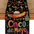 Chemin de table festif Cinco de Mayo avec des motifs mexicains colorés sur du lin - Style 16