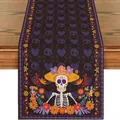Festive Day of the Dead table runner with Mexican skull and floral print on wood - Style 43 / 183x33cm