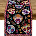 Day of the Dead table runner featuring colorful sugar skull and flower prints on black - Style 44 / 183x33cm