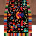 Mexican carnival table runner with colorful birds and flowers on black fabric - Style 45 / 183x33cm