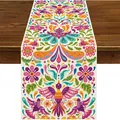Vibrant Mexican Day of the Dead table runner with colorful bird and flower floral patterns. - Style 46 / 183x33cm