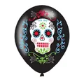 Dettaglio del teschio di zucchero colorato del Giorno dei Morti su palloncino nero - Lattice Giorno dei Morti