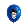 Detailed view of blue latex balloon with festive sugar skull print for Day of the Dead - Sugar Skull Pattern / 12 Inch / Dark Blue