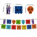 Colorful Mexican Day of the Dead banner featuring skull and skeleton character flags - Dia De Muertos Banner