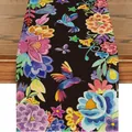 Vibrant Mexican style black table runner with colorful floral and hummingbird print - 33x183cm / Black Hummingbird Floral (25)