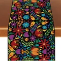 Mexican Otomi floral table runner featuring colorful embroidery style on black linen fabric - Black Background Symmetrical Dahlia & Zinnia Folk Style (Style 39) / 183x33cm