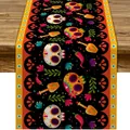 Día de los Muertos table runner with colorful sugar skull and floral print motifs - 33x183cm / Chili Marigold Skull (17)