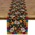 Mexican Day of the Dead festive table runner with colorful sugar skull and floral print - Style 52 / 183x33cm