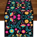 Mexican Fiesta linen table runner with colorful floral pattern on black base - Black Background Symmetrical Multicolor Floral Print Style (Style 55) / 183x33cm