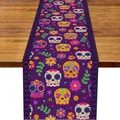 Day of the Dead table runner with colorful sugar skull and floral print on purple fabric - Style 53 / 183x33cm