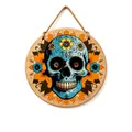 Round wooden Day of the Dead door sign with vibrant sugar skull and flower designs. - Wooden Skull Style 10