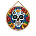 Detailed view of Mexican Sugar Skull wooden hanging sign with colorful floral design - Wooden Skull Style 11