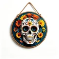 Detailed view of Mexican sugar skull wooden hanging sign with vibrant marigold flowers - Wooden Skull Style 12