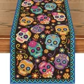 Camino de mesa mexicano del Día de los Muertos con calaveras de azúcar y flores - 6 / 33*90cm/lino/50g/tira