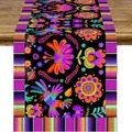 Vibrant Mexican fiesta table runner with colorful floral and bird patterns on black linen - Black Background Otomi Folk Flower & Bird Style (Style 19) / 183x33cm