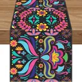 Vibrant Mexican fiesta table runner featuring colorful floral and bird pattern designs - Black Background Symmetrical Intricate Folk Floral Style (Style 32) / 183x33cm