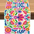 Traditional Mexican Fiesta linen table runner with colorful Otomi floral folk art pattern - White Background Symmetrical Magenta Flower & Bird Style (Style 17) / 183x33cm