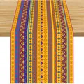 Vibrant Mexican carnival table runner with ethnic geometric patterns on linen fabric - Light Wood Background Aztec Geometric Stripe Style (Style 49) / 183x33cm