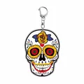 Detailed view of colorful punk rock sugar skull design on acrylic keychain for Halloween - Yellow Petal Heart Skull Style (11260) / 55mm