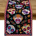Camino de mesa mexicano del Día de los Muertos con calaveras de azúcar y flores - 12 / 33*90cm/lino/50g/tira